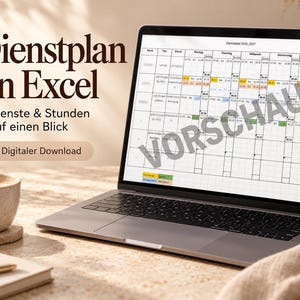 Peut inclure: Un écran d'ordinateur portable affiche une feuille de calcul de planning de travail intitulée Dienstplan 2026-2027 avec des lignes pour les noms et des colonnes pour les jours. Le texte Dienstplan in Excel, Dienste & Stunden auf einen Blick et Digitaler Download apparaît à gauche.