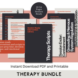 Könnte beinhalten: Ein Bild mit Therapieskripten und Interventionen. Im Zentrum steht ein schwarzes Buch mit der Aufschrift "Therapy Scripts", umgeben von weißen und schwarzen Seiten. Der Text "Instant Download PDF and Printable" und "THERAPY BUNDLE" ist ebenfalls enthalten.