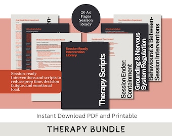 Könnte beinhalten: Ein Bild mit Therapieskripten und Interventionen. Im Zentrum steht ein schwarzes Buch mit der Aufschrift "Therapy Scripts", umgeben von weißen und schwarzen Seiten. Der Text "Instant Download PDF and Printable" und "THERAPY BUNDLE" ist ebenfalls enthalten.