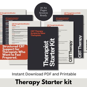 Peut inclure: Un kit de démarrage pour thérapeutes avec des scripts de thérapie TCC pour les nouveaux thérapeutes. L'image montre une pile de papiers avec du texte, dont "CBT Thought Identification Script". Le kit est prêt pour la session avec 20 pages A4.