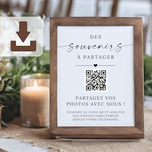 Affiche Partagez vos photos de mariage – panneau de mariage minimaliste à imprimer (13x18 & A4 PDF), QR code mariage personnalisable