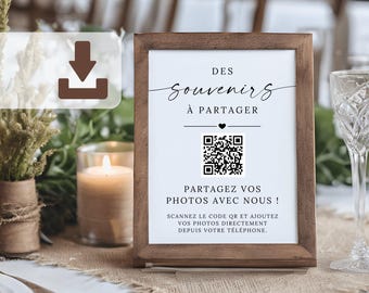 Affiche Partagez vos photos de mariage – panneau de mariage minimaliste à imprimer (13x18 & A4 PDF), QR code mariage personnalisable