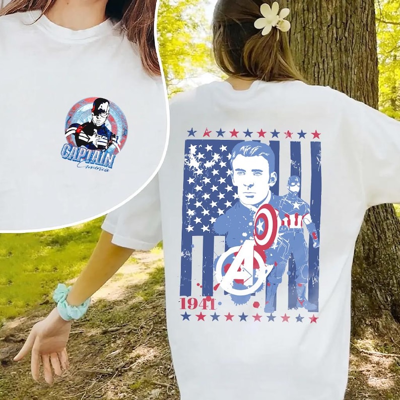 May include: White t-shirt featuring Captain America graphics. The front has a circular design with the text "Captain America." The back displays a patriotic design with Captain America, the Avengers logo, and the year 1941.