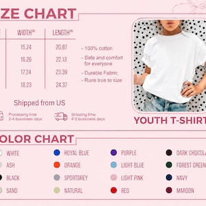 May include: A size and color chart for a youth t-shirt. The chart includes measurements in inches for sizes S, M, L, and XL, along with a color palette featuring white, black, and other colors. The image also shows a person wearing a white t-shirt.