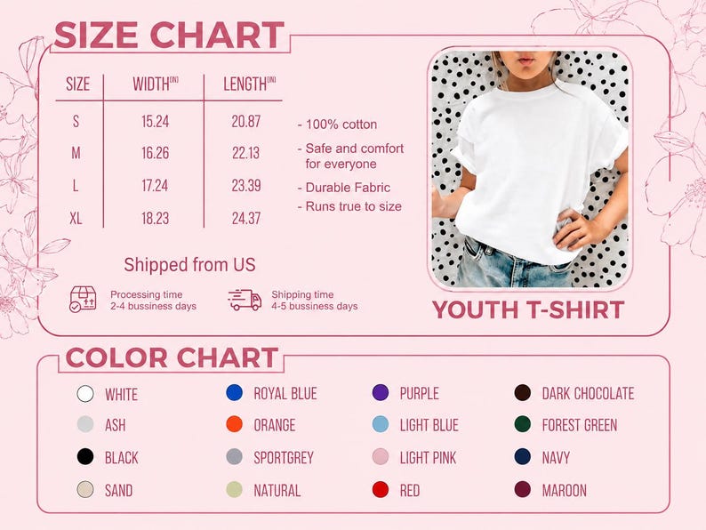 May include: A size and color chart for a youth t-shirt. The chart includes measurements in inches for sizes S, M, L, and XL, along with a color palette featuring white, black, and other colors. The image also shows a person wearing a white t-shirt.