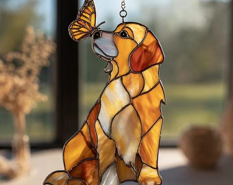 Atrapasueños de Golden Retriever con mariposas, colgante para ventana para amantes de los perros, decoración de jardín, regalo de inauguración de la casa