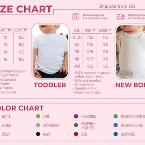 May include: Size chart for toddler and newborn clothing, with measurements in inches. Includes size, width, and length for each size, along with a color chart featuring various colors like white, black, and red. The chart also details fabric and care information.
