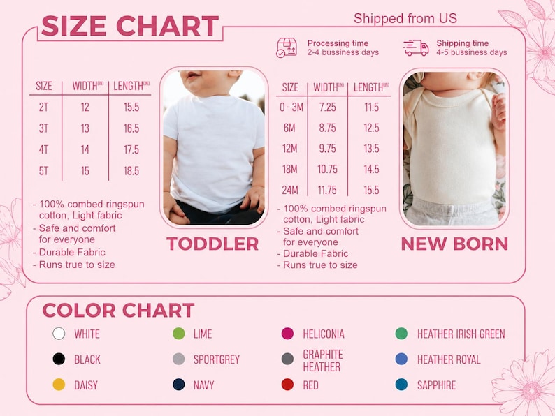 May include: Size chart for toddler and newborn clothing, with measurements in inches. Includes size, width, and length for each size, along with a color chart featuring various colors like white, black, and red. The chart also details fabric and care information.