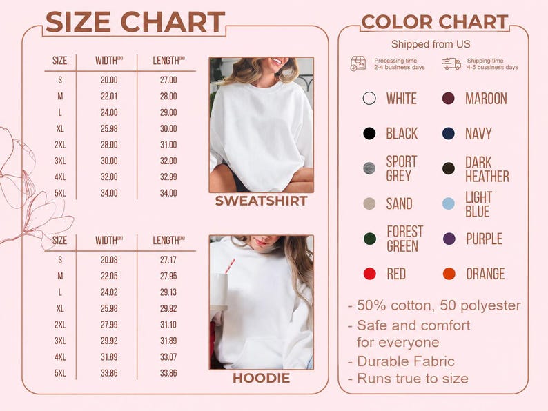 May include: A size and color chart for sweatshirts and hoodies. The size chart includes measurements in inches for sizes S to 5XL. The color chart displays available colors: white, black, navy, sport grey, sand, forest green, red, maroon, dark heather, light blue, purple, and orange.