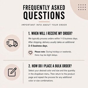 Pu&ograve; includere: Una grafica con le domande frequenti su sfondo beige chiaro e testo nero. Presenta due sezioni numerate: 1. When will I receive my order? e 2. How do I place a bulk order? Sono incluse le icone di un camion per le consegne e di una matita.