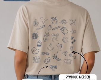 Personalisiertes T-Shirt, Doodle Shirt mit Hobbies, persönliche Symbole, Geschenkidee Freundin Frau, JGA, Individuelles Geburtstagsgeschenk