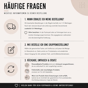 May include: An informational graphic titled H&Auml;UFIGE FRAGEN with black text on a light beige background. It outlines three sections regarding order processing, group orders, and return policies, accompanied by icons of a truck, a pen, and arrows.