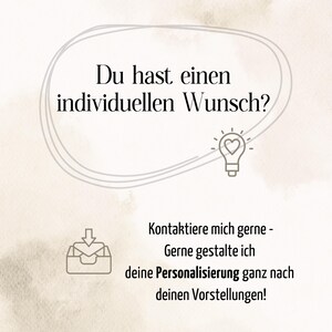 May include: A beige graphic with the German text Du hast einen individuellen Wunsch? and Kontaktiere mich gerne - Gerne gestalte ich deine Personalisierung ganz nach deinen Vorstellungen! featuring a lightbulb icon with a heart and an envelope icon.