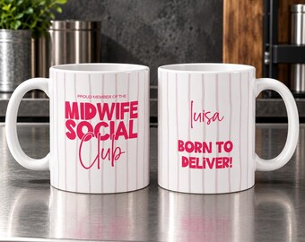 Personalisierte Hebamme Tasse mit Name Midwife Social  Club Geschenk für Hebamme Born to Deliver individuelles Hebammen Geschenk
