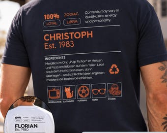 Personalisiertes T Shirt Herren Geschenk mit Name Geburtsjahr Sternzeichen Hobbys Eigenschaften Interessen individuelles Shirt Bio Baumwolle