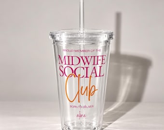 Personalisierter Hebammen Becher mit Name, Midwife Social Club Iced Coffee Cup, Geschenk für Hebamme, Trinkbecher mit Strohhalm