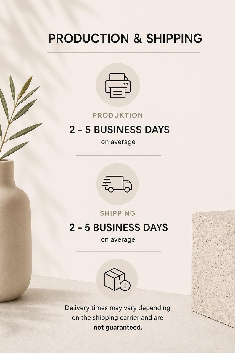 Pu&ograve; includere: Un grafico informativo intitolato PRODUCTION & SHIPPING con tre icone: una stampante, un camion per le consegne e un pacco con un punto esclamativo. Il testo indica 2-5 giorni lavorativi per la produzione e la spedizione, con una nota sui tempi.