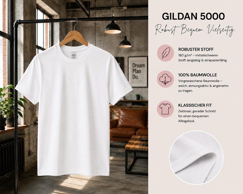 May include: A plain white short-sleeve t-shirt hanging on a wooden hanger. The image includes text detailing the Gildan 5000 model, noting 180 g/m2 fabric weight, 100% cotton composition, and a classic fit, with a circular inset showing fabric texture.