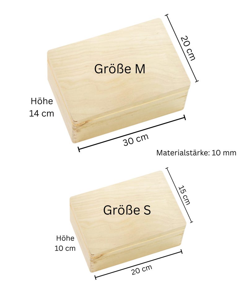 K&ouml;nnte beinhalten: Zwei unbehandelte Holzkisten, beschriftet mit "Gr&ouml;&szlig;e M" und "Gr&ouml;&szlig;e S". Die gr&ouml;&szlig;ere Kiste ist 30 cm lang, 20 cm breit und 14 cm hoch. Die kleinere Kiste ist 20 cm lang, 15 cm breit und 10 cm hoch. Materialst&auml;rke: 10 mm.