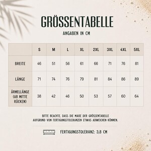 May include: A size chart titled GR&Ouml;SSENTABELLE with measurements in cm. It lists sizes S through 5XL with corresponding width, length, and sleeve length from center back. It includes a note about manufacturing tolerances of 3.8 cm.