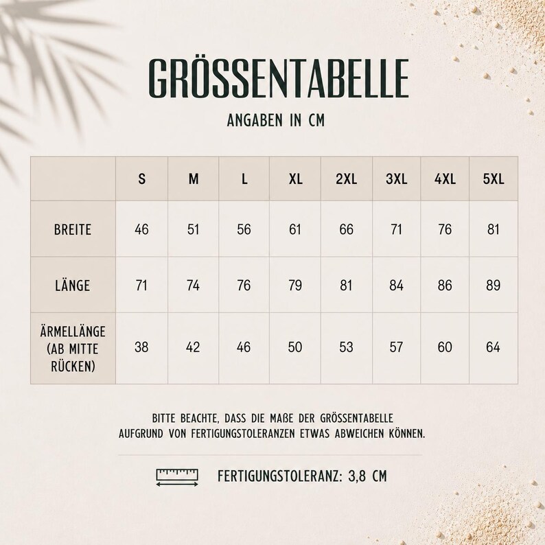 May include: A size chart titled GR&Ouml;SSENTABELLE with measurements in cm. It lists sizes S through 5XL with corresponding width, length, and sleeve length from center back. It includes a note about manufacturing tolerances of 3.8 cm.