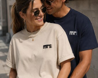 Besticktes Hochzeit T Shirt personalisiert MR MRS mit Jahreszahl Unisex Shirt Braut Bräutigam Hochzeitsgeschenk
