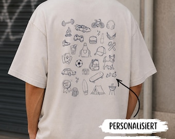 Personalisiertes T-Shirt, Doodle Shirt mit Hobbies, persönliche Symbole, Geschenkidee Mann, Geburtstagsgeschenk, Valentinstag