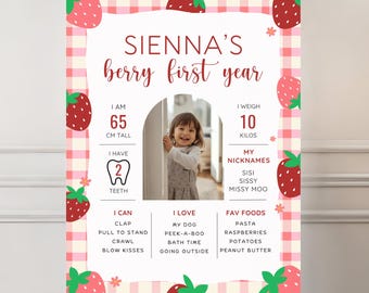 Gingham Berry Erstes Geburtstags-Meilensteinplakat, bearbeitbares Erdbeere zum 1. Geburtstag Zeichen, druckbares erstes Geburtstagsplakat, BF1