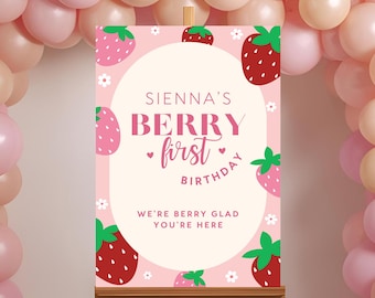 Berry First Birthday Welcome Sign, Editable Strawberry 1st Birthday Sign, Printable First Birthday Poster A14