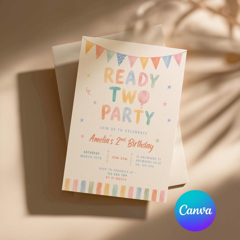 May include: A pastel-colored birthday invitation with the text "READY TWO PARTY" and "Amelia's 2nd Birthday." The invitation includes details like the date, time, and location. The design features colorful banners, stars, and a balloon.