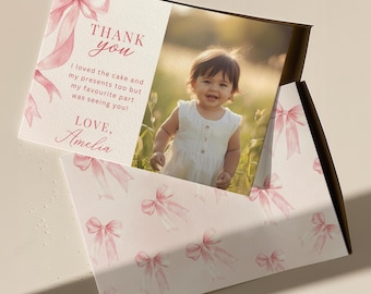Pink Bow Thank You Card Template, Editable Photo Thank You Card, 1st Birthday Bow Card, B1