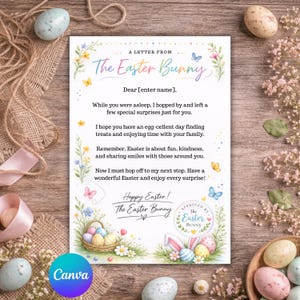 Plantilla editable de carta de conejito de Pascua, carta de Pascua imprimible, carta de conejito personalizada, imprimible de Pascua para niños, descarga editable de Canva