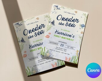 Invitación de cumpleaños de Oneder the Sea, plantilla editable de Canva, animales marinos en acuarela, invitación de cumpleaños infantil náutica oceánica, descarga digital