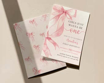 Girls Just Wanna Be One Editable Invitation Soft Pastel Pink Ribbon Elegant Coquette Girl 1st Birthday Party Invite