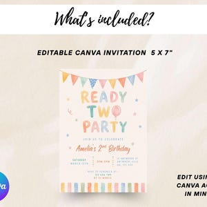 May include: A pastel-colored birthday invitation with the text "Ready Two Party" and "Amelia's 2nd Birthday." The invitation is 5 x 7 inches and includes details for the party. The Canva logo is in the bottom left corner.