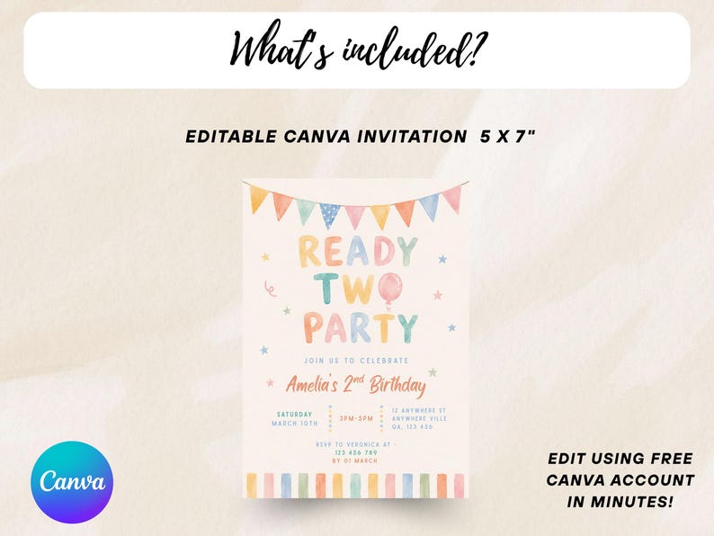 May include: A pastel-colored birthday invitation with the text "Ready Two Party" and "Amelia's 2nd Birthday." The invitation is 5 x 7 inches and includes details for the party. The Canva logo is in the bottom left corner.