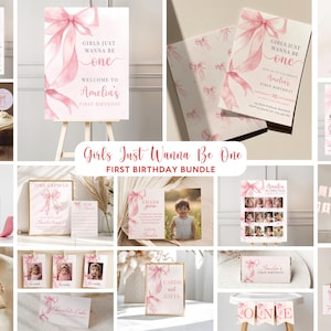 May include: A collection of pink and white first birthday party decorations. Includes a welcome sign, invitations, cupcake toppers, water bottle labels, and a banner. The theme is "Girls Just Wanna Be One."
