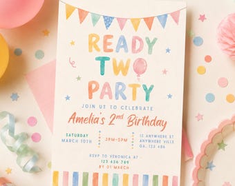Ready Two Party Invitation Template, 2nd Birthday Invitation, Pastel Watercolor Birthday Invite, Colourful 2nd Birthday Invite