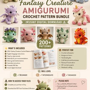200+ Virkmönster med Amigurumi och Fantasivarelser | Nybörjarvänligt PDF-paket | Digital nedladdning