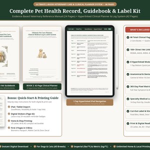 Puede incluir: Un kit digital de registro de salud y planificador clínico para mascotas que incluye una guía de 24 páginas, un planificador de 42 páginas y una tableta con tabla de contenidos hipervinculada, además de una guía de inicio rápido.