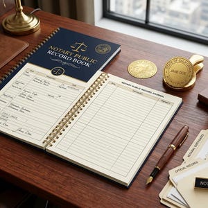 May include: A navy blue spiral-bound Notary Public Record Book with gold text and a scale icon. The open journal displays lined entry pages with printed fields for date, signer name, and signature. Includes a gold notary seal, stamp, and pen.