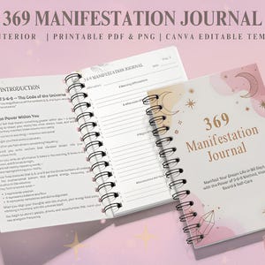 May include: A spiral-bound 369 Manifestation Journal with a light pink cover featuring moon, star, and crystal illustrations. The open journal displays an introduction page titled The Power of 3-6-9 and a daily log page with sections for affirmations.