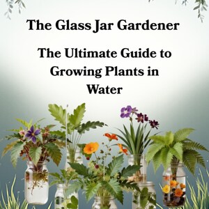 May include: Image features a variety of plants and flowers in clear glass jars. The text at the top reads "The Glass Jar Gardener" and "The Ultimate Guide to Growing Plants in Water."