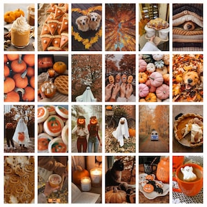 Peut inclure: Un collage d'images sur le thème de l'automne. Comprend des citrouilles, des pâtisseries, des chiens, du feuillage d'automne et des décorations d'Halloween. La palette de couleurs est chaleureuse, avec des oranges, des bruns et des crèmes. Certaines images contiennent du texte, dont "fall" et "candy corn".