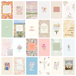 Kit de colagem de parede com 50 versículos bíblicos florais, papel para diário de oração, cartões com versículos bíblicos, estudo bíblico, ministério feminino, cartões com escrituras VSCO