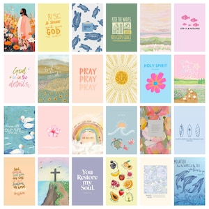 May include: A set of 24 vibrant art prints with motivational quotes and religious themes. The prints showcase illustrations of landscapes, animals, flowers, and text including "Rise & Shine and give God the Glory" and "God is in the details."
