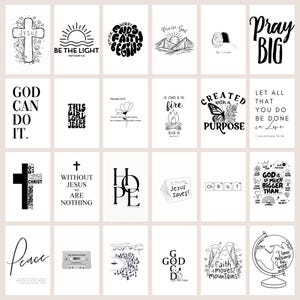 Pode incluir: Uma coleção de impressões de arte brancas com texto e ilustrações pretas. As impressões apresentam citações inspiradoras e temas religiosos, incluindo cruzes, sóis e montanhas. Algumas impressões têm as palavras "Jesus", "Esperança" e "Fé".