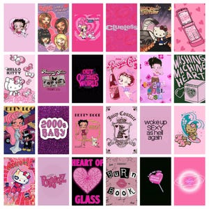 May include: A collection of pink and black graphic designs featuring pop culture references. Images include cartoon characters, text, and logos. The designs are on a pink background, with a variety of fonts and styles.
