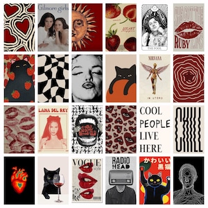 Puede incluir: Una colección de varias impresiones artísticas con diversos diseños. Las impresiones incluyen imágenes de fresas, un sol, un gato negro, labios y texto como "Gilmore Girls", "Lana Del Rey", "The Fool", "Nirvana" y "Cool People Live Here".