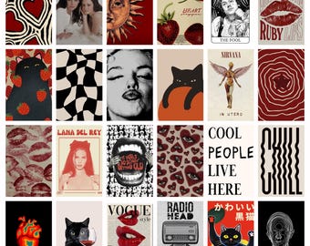 Kit de collage estético Downtown Girl de 74 piezas, estética Y2K, estética Downtown Girl Grunge, pósteres Downtown Girl, decoración estética de habitación, rojo y negro.